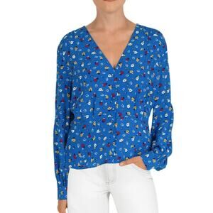 BA&SH Sky Blue Lali Floral Print Long Sleeve Crepe Blouse Size S